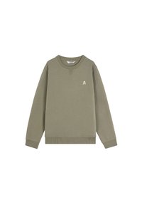 Sudadera verde oliva hecha de algodón suave, con cuello redondo, puños y dobladillo acanalados, que presenta un pequeño logo de calavera en el pecho.