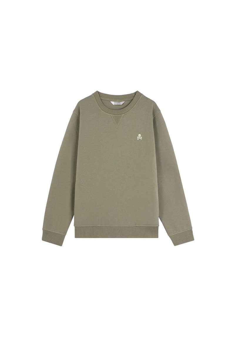 Sudadera verde oliva hecha de algodón suave, con cuello redondo, puños y dobladillo acanalados, que presenta un pequeño logo de calavera en el pecho.