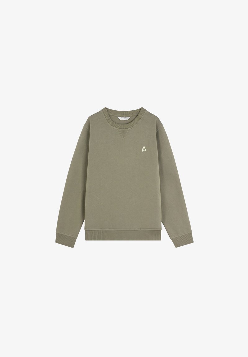 Olive green sweatshirt made of soft cotton with a round neckline, ribbed cuffs and hem, featuring a small skull logo on the chest.