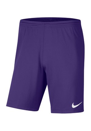 Lila Sportshorts aus leichtem, glattem Stoff, mit einem elastischen Bund und einem weißen Nike-Logo auf der unteren rechten Seite.