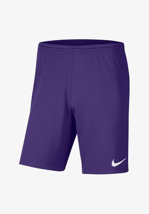 Paarse sportshorts gemaakt van lichtgewicht, gladde stof, met een elastische tailleband en een wit Nike-logo op de onderkant van de rechterzijde.