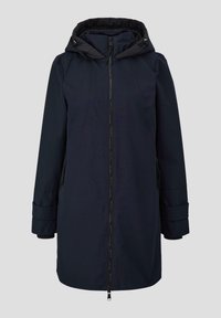 Marineblauwe waterdichte parka met ritssluiting, verstelbare capuchon en zijzakken. Kenmerkt zich door zachte stof en een recht gesneden ontwerp.