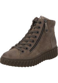 Sneaker alta in pelle marrone con finitura testurizzata, allacciatura frontale, cerniera laterale e suola in gomma ribattuta.