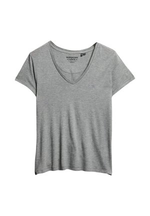 Grijze T-shirt met korte mouwen en V-hals, gemaakt van een zachte katoenmix. Bevat een subtiele merklogo op de borst en heeft een losse pasvorm.