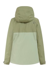 Veste imperméable vert clair avec capuche, dotée d'un panneau supérieur contrastant, d'un tissu texturé et d'un petit logo sur l'épaule gauche à l'arrière.