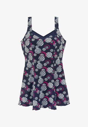 Navy tankini top with white and pink circular patterns and striped accents. Features adjustable straps and a flared design.