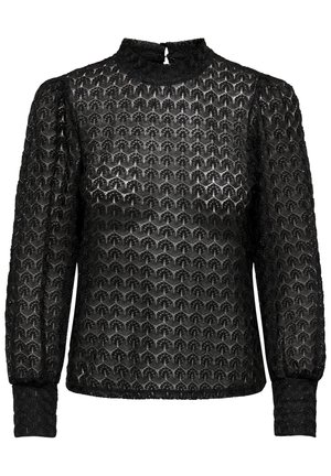Schwarze transparente Bluse mit strukturiertem Muster, hohem Kragen, langen gepufften Ärmeln und einem Schlüssellochdetail hinten mit Knopfverschluss.