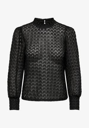 Must musta blouse, millel on tekstureeritud muster, kõrge kaelus, pikad puhvärvid ja taga kleepsuga klapp.