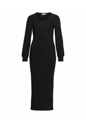 Czarna sukienka z długim rękawem wykonana z gładkiej, elastycznej tkaniny. Posiada zaokrąglony dekolt i dopasowaną sylwetkę z subtelnymi detalami na ramionach.