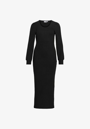 Haljina dugih rukava crne boje izrađena od glatkog, rastezljivog materijala. Ima okrugli izrez i usku siluetu s suptilnim detaljima na ramenima.