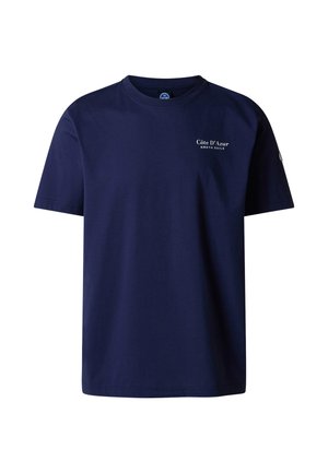 Navy blue short-sleeve crew neck t-shirt with small white "Côte D'Azur North Sails" text on left chest.
