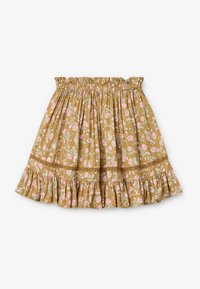 Gonna floreale marrone con accenti rosa e verde, caratterizzata da una vita arricciata e orlo arricciato. Realizzata in tessuto leggero.