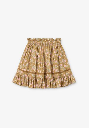 Brun blomstret skjørt med rosa og grønne detaljer, med en samlet midje og volangkant. Laget av lett materiale.