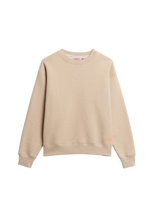 Beige sweatshirt med en rund halsudskæring, lange ærmer, ribbede manchetter og kant. Har et lille pink logo nær bunden af kanten. Blød stoftekstur.