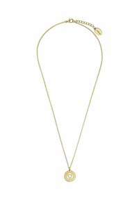 Gouden ketting met een delicate schakel en een ronde hanger met ingewikkelde uitgesneden bloemontwerpen en een centrale ronde edelsteen.