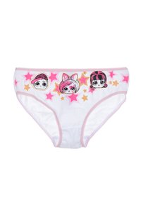 Slip di cotone bianco con rifiniture rosa, decorati con tre faccine dei cartoni animati e disegni di stelle rosa e dorate. Tessuto morbido, vita elastica.