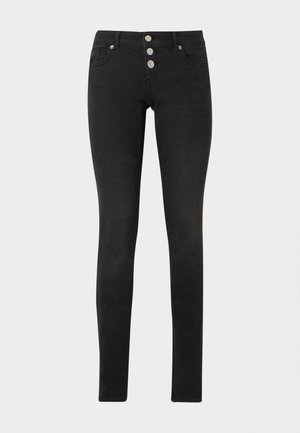 Black skinny jeans made from denim, featuring a high waistband with three silver button closures and a classic five-pocket design.