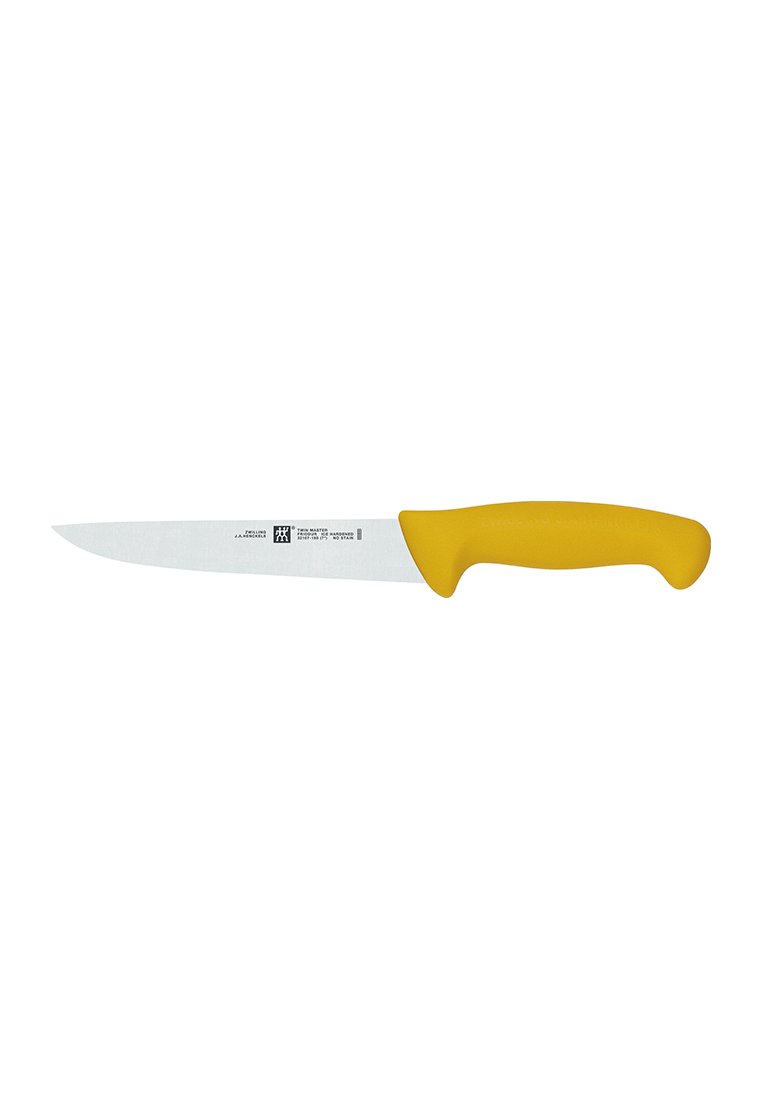 Cuchillo de cocina de acero inoxidable con una hoja larga y delgada y un mango de goma amarilla para un agarre seguro. Superficie lisa y pulida.