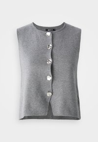 Cardigan gri fără mâneci, realizat dintr-un material tricotat moale, cu un decolteu rotund și șase butoane hexagonale argintii pe față.