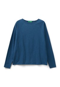 Blå långärmad skjorta i strukturerat tyg, med rundad halsringning och raglanärmar, i en avslappnad passform och rak fåll.