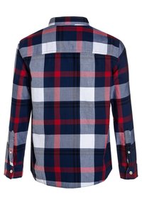 Koszula z długim rękawem, zapinana na guziki, w granatowym, czerwonym, białym i szarym wzorze w kratę. Posiada klasyczny kołnierzyk oraz mankiety z detalami guzika.
