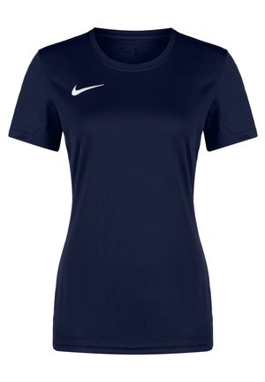 Dark blue short-sleeve Nike Dri-Fit T-shirt with white Nike swoosh logo on the right chest.