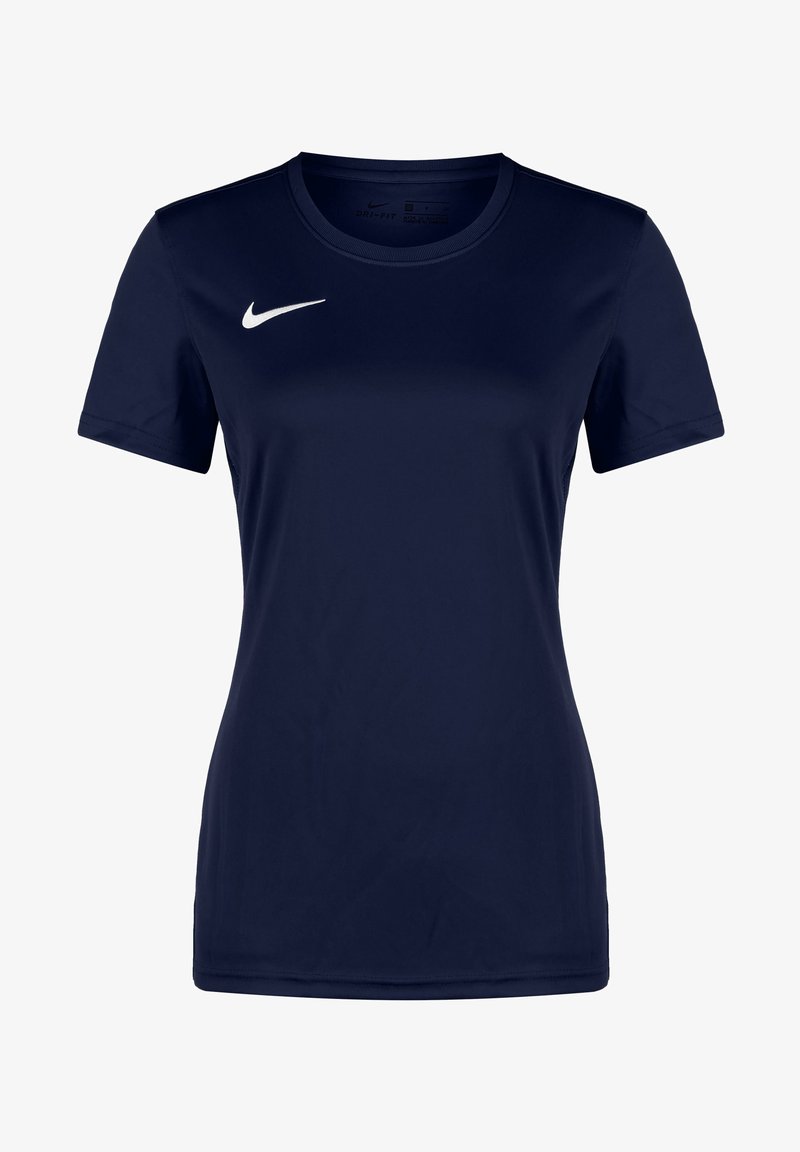 T-shirt Nike Dri-Fit bleu foncé à manches courtes avec logo Nike swoosh blanc sur le côté droit de la poitrine.