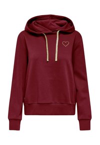 Bordeaux hætte sweatshirt lavet af blødt stof, med snoretræk i hætten og gyldne detaljer samt et subtilt hjerteemblem på brystet.