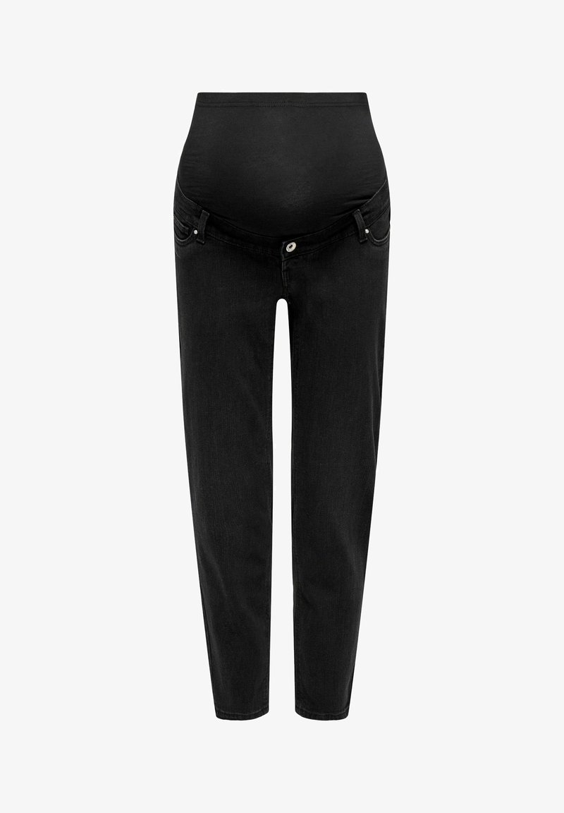 Crne trudničke traperice s rastezljivim, glatkim pojasom. Imaju standardne džepove i dizajn prilagođenih nogavica.