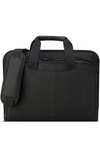 Borsa per laptop nera con superficie testurizzata, doppie maniglie superiori, una tracolla staccabile e un compartimento principale con zip. Presenta un dettaglio del logo.