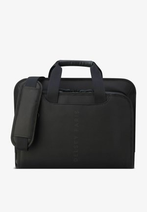 Schwarze Laptoptasche mit strukturierten Oberflächen, doppelten oberen Griffen, einem abnehmbaren Schulterriemen und einem mit Reißverschluss versehenen Hauptfach. Mit Logo-Detail.