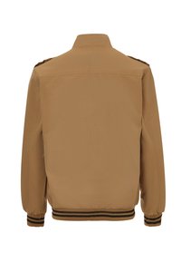 Braune Bomberjacke aus glattem Stoff, mit geripptem Saum und Bündchen, schwarzen Streifenakzenten und einem Stehkragen. Einfaches und funktionales Design.