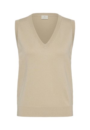 Bézs színű ujjatlan kötött mellény, V-nyakú és bordázott alsó szegéllyel, tiszta fehér háttéren bemutatva.