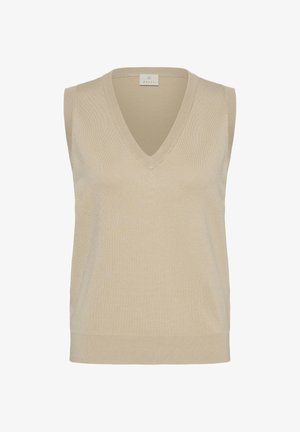 Bézs színű ujjatlan kötött mellény, V-nyakú és bordázott alsó szegéllyel, tiszta fehér háttéren bemutatva.