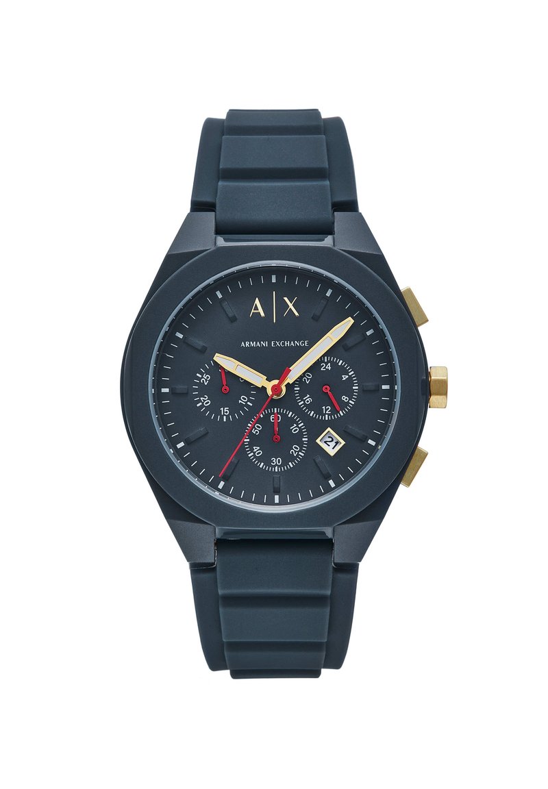 Orologio in silicone nero con quadrante rotondo, dettagli dorati, tre sottocronografi e display della data alle 6.