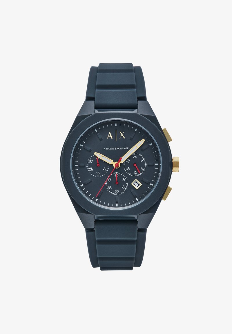 Orologio in silicone nero con quadrante rotondo, dettagli dorati, tre sottocronografi e display della data alle 6.