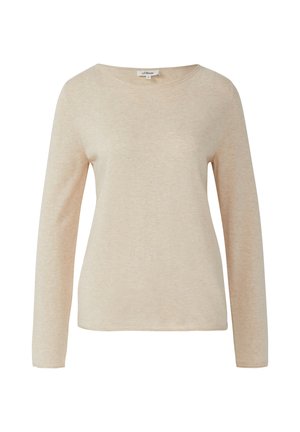 Top beige a maniche lunghe con scollatura a barca, realizzato in tessuto morbido. Presenta una vestibilità comoda e una leggera texture. Etichetta visibile al collo.