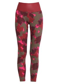 Leggings de cintura alta con un patrón de camuflaje en rojo, rosa y marrón, que cuentan con una tela suave y elástica y un diseño de superposición en cuadrícula.