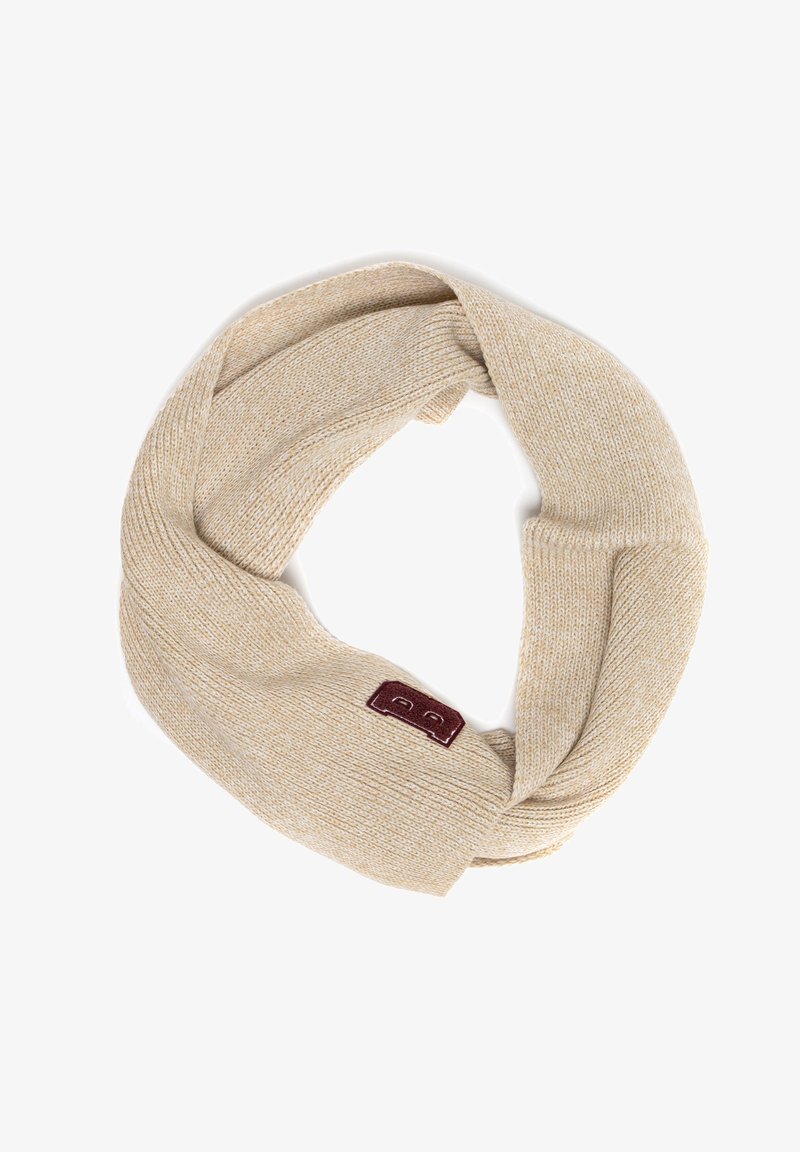 Adīts bezgalīgs šalle gaiši bežā krāsā ar teksturētu apdari. Uz vienas puses ir neliela bordo krāsas logo uzlīme.