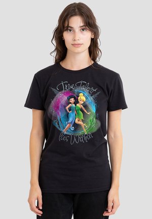 Black cotton t-shirt featuring a colorful graphic of two animated characters with text "True Talent lies Within" in a whimsical font.