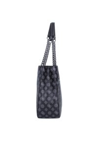 Sac fourre-tout noir avec un extérieur à motif, des sangles en chaîne et un design structuré. Fabriqué en matériau texturé avec des accents métalliques.