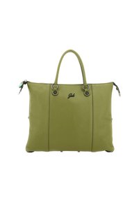Borsa a spalla in pelle verde oliva con doppi manici superiori, una zip centrale e un piccolo logo sul davanti, su sfondo bianco.