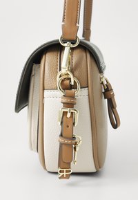 Multi-colored crossbody bag featuring a mix of beige, white, and dark gray textured leather. Gold-tone hardware and adjustable strap detail.