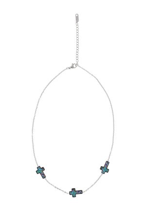 Ezüst lánc nyaklánc három kis, berakott abalon kereszt bájjal, egyenletesen elrendezve a láncon, állítható kapoccsal.