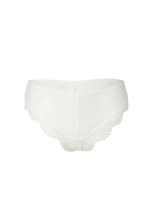 Pantaloni in pizzo bianco con un motivo floreale, bordi scallop e una texture morbida, progettati per una vestibilità a copertura totale.