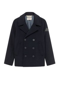 Cappotto peacoat in lana blu navy con chiusura doppiopetto, ampie revers, due tasche laterali e una patch con logo sulla manica sinistra.