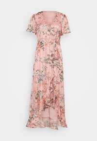 Maxi kjole i blød lyserød med blomstermønster, korte ærmer, dyb V-udskæring, omslag design og flæsekant. Fremstillet af let, gennemsigtigt stof.