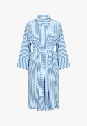 Sinise ja valge triibuline triiksärgi kleit, millel on pika varrukaga, nööbitav eesmine osa, vööümber seotud vöökoht ja laiad mansetid, valmistatud kergest kangast.