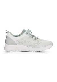 Light grey and white athletic sneaker with mesh upper, lace closure, padded collar, and textured white sole, shown from the outer side.