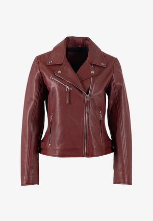 Bordeaux leren motorjack met zilveren ritsen, een gekartelde kraag en een aansluitend ontwerp met zijritszakken.